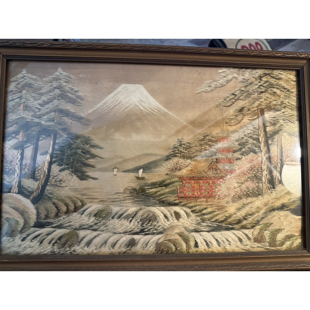Vintage Japanese Silk Embroidery Mount Fuji Pagoda Landscape Framed 19x12